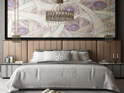 Elegant Background Double Bed With Beige Upholstered Headboard Abstract Art Wall And Crystal Chandelier 3d model