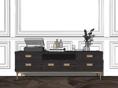 Dark Wood TV Stand With Gold Legs Drawers And Decorative Vase On Wooden Floor 3d model