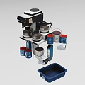 Coffee Machine Kitchen Appliance With Coffee Cans And Blue Tray On Countertop