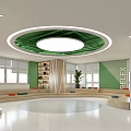 Book Art Themed Interior Space with Circular Platform Colorful Cushions Bookshelves and Green Ceiling Design
