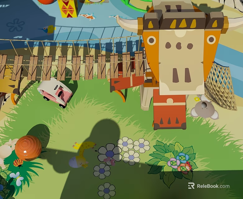 Colorful Cow Shaped Children's Playground Equipment in Grass Area with Flowers and Fence 3d model 