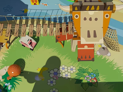 Colorful Cow Shaped Children's Playground Equipment in Grass Area with Flowers and Fence 3d model