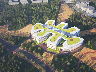 Aerial Planning Modern Campus Complex Layout With Green Roofs Surrounding Trees And Roads 3d model