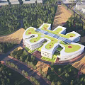 Aerial Planning Modern Campus Complex Layout With Green Roofs Surrounding Trees And Roads
