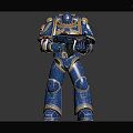 Blue Armored Sci Fi Warrior Character In Battle Ready Pose With Shiny Armor