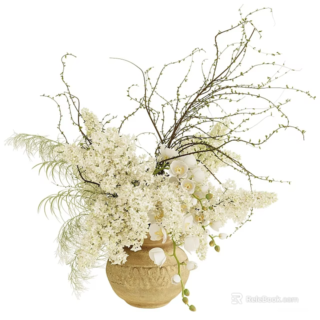 Elegant White Flower Arrangement In Ceramic Vase With Decorative Branches And Foliage 3d model 