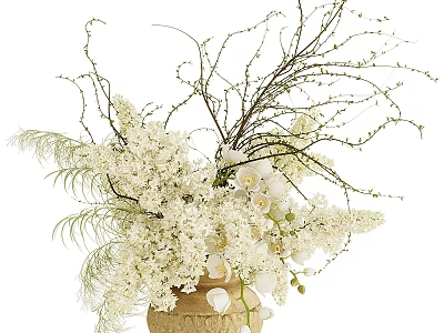 Elegant White Flower Arrangement In Ceramic Vase With Decorative Branches And Foliage 3d model