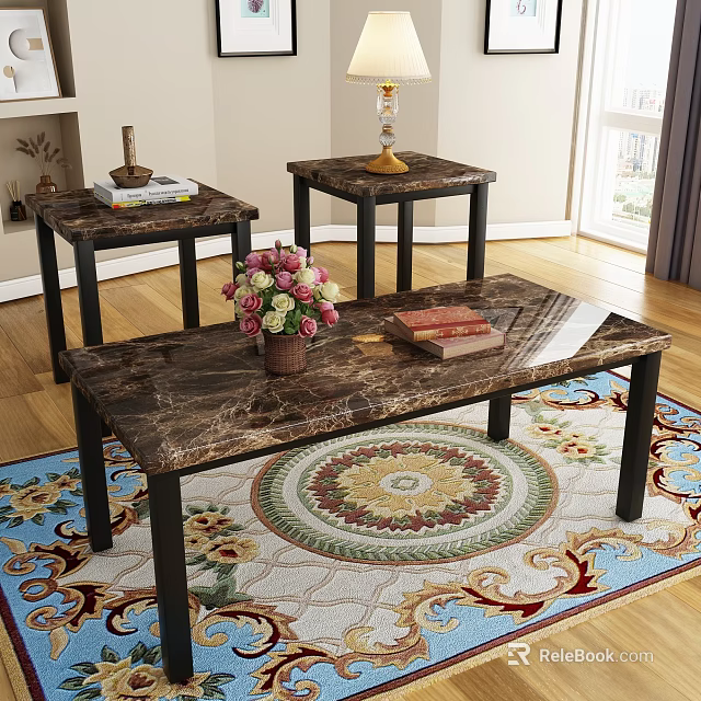 Marble Top Coffee Table and Side Tables Set with Fresh Flowers on Decorative Living Room Rug 3d model 