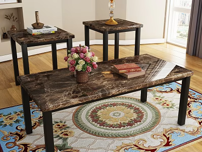 Marble Top Coffee Table and Side Tables Set with Fresh Flowers on Decorative Living Room Rug 3d model
