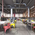 Industrial Style Restaurant Interior With Colorful Chairs Large Windows Ceiling Pipes And Dining Tables