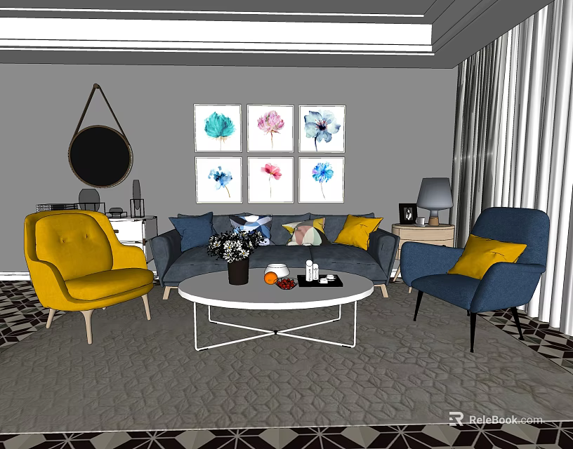 Modern Sofa And Coffee Table Set With Yellow Blue Chairs Wall Art And Patterned Rug 3d model 