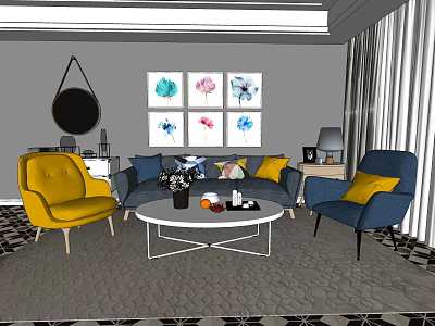 Modern Sofa And Coffee Table Set With Yellow Blue Chairs Wall Art And Patterned Rug 3d model