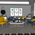 Modern Sofa And Coffee Table Set With Yellow Blue Chairs Wall Art And Patterned Rug