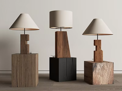 Set of Three Modern Wooden Table Lamps With Unique Base Designs And Natural Texture 3d model