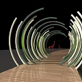 Art Installation With Curved Green And White Structures And Wooden Walkway