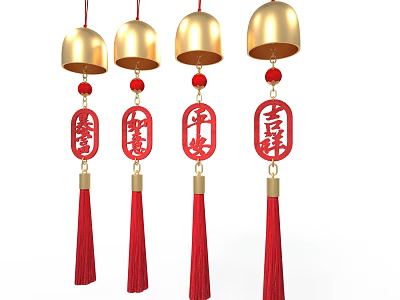 Traditional Chinese Hanging Decorations With Golden Bells Red Characters And Tassels 3d model