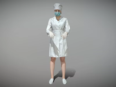 Woman in white nurse uniform with cap mask and gloves standing 3d model