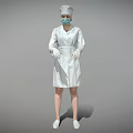 Woman in white nurse uniform with cap mask and gloves standing