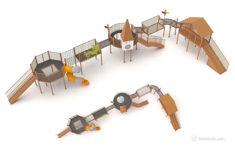 Wooden Outdoor Playground Equipment with Slide Climbing Frame Tower Platforms and Bridges 3d model 