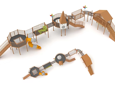 Wooden Outdoor Playground Equipment with Slide Climbing Frame Tower Platforms and Bridges 3d model
