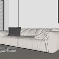 Modern Two-Seater Sofa with Black Cushion Open Book on Carpet White Wall and Window Blinds