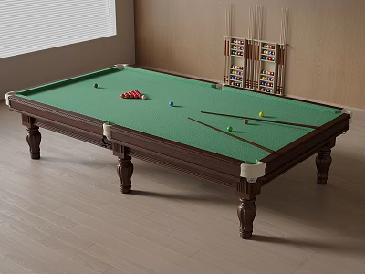 Billiard Entertainment Table With Green Felt Surface Wooden Legs Cue Rack And Billiard Balls 3d model