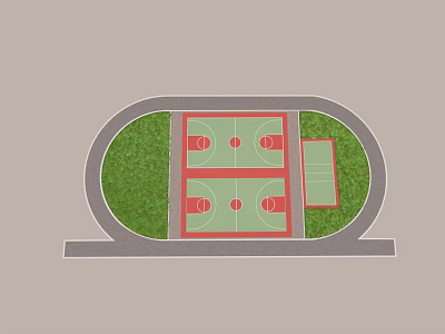Basketball Court Layout With Two Playing Areas Green Turf And Running Track 3d model