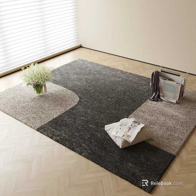 Square Rug on Wooden Floor Near Window with White Flowers Vase Folded Clothes and Newspaper 3d model 