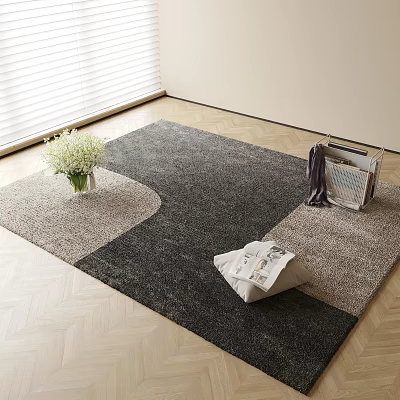 Square Rug on Wooden Floor Near Window with White Flowers Vase Folded Clothes and Newspaper 3d model
