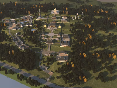 Ancient Architecture Complex Aerial View Featuring Classical Structures Surrounded By Lush Woods 3d model