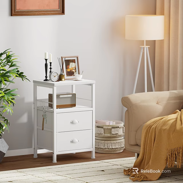 White Storage Shelf With Two Drawers In Living Room With Decorative Items 3d model 