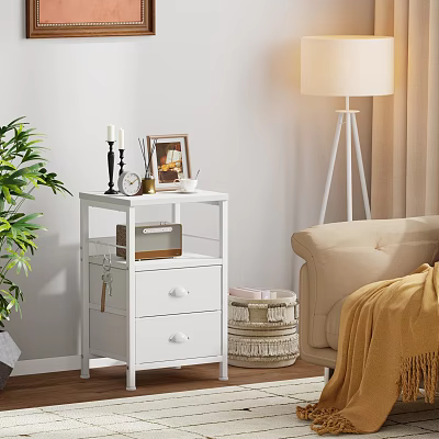 White Storage Shelf With Two Drawers In Living Room With Decorative Items 3d model