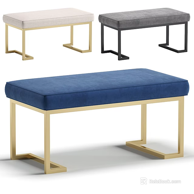 Stylish Modern Upholstered Bench With Blue Seat And Gold Black Light Colored Frames 3d model 