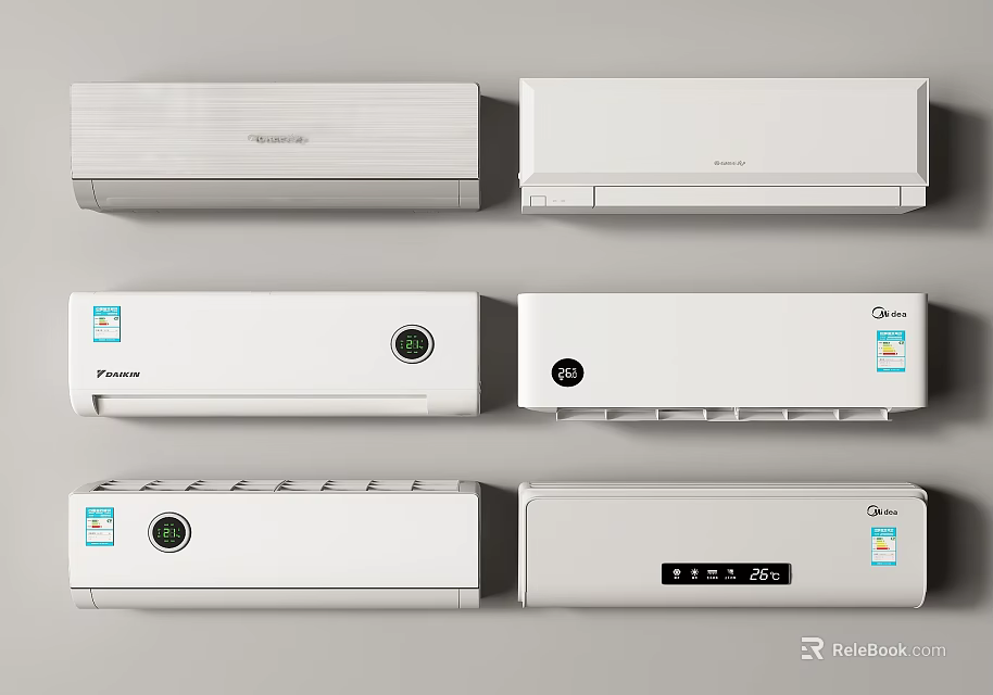 Modern White Air Conditioner Fan Units Featuring Multiple Brand Models 3d model