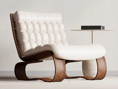 Tufted White Leather Accent Chair With Curved Walnut Wood Frame And Side Table 3d model