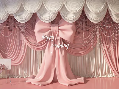 Wedding Floral Installation With Pink And White Drapery Large Pink Bow And Pearl Decorations 3d model