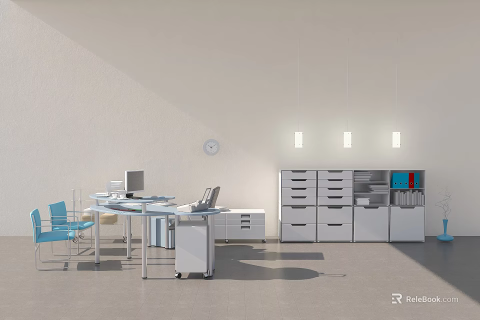 Modern Office Interior With Desk Computer Blue Chairs Filing Cabinets And Wall Clock 3d model
