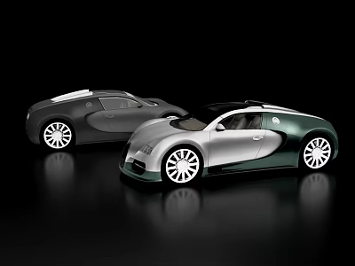 Two Bugatti Sports Cars In Dark And Silver Green Colors On Black Glossy Reflective Surface 3d model