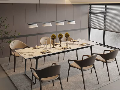 Modern Dining Table Set With Marble Top Brown Chairs And Pendant Lights 3d model