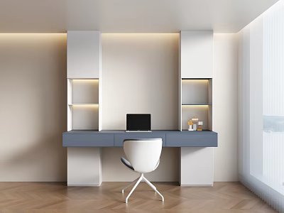 Modern Home Office Desk With White Shelves Lighting Laptop And Wooden Floor 3d model