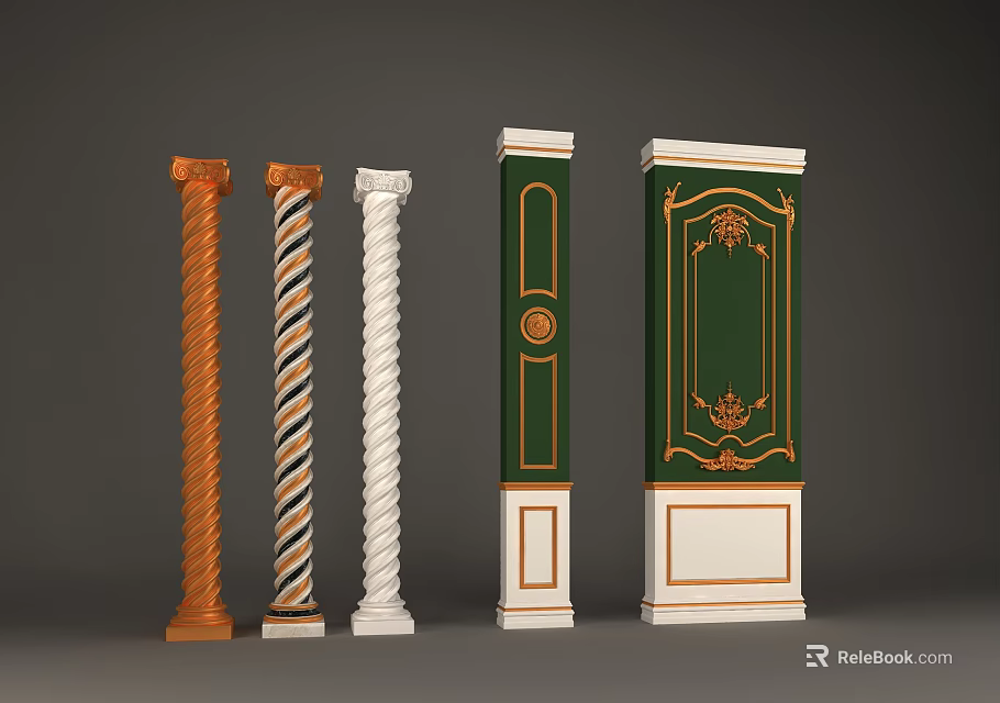 Various Decorative Columns With Different Designs Colorful Patterns And Ornaments 3d model 