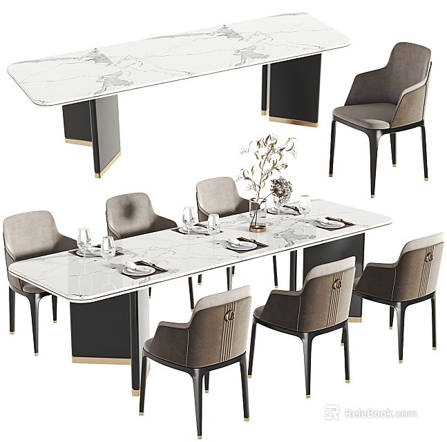 Modern Dining Table Set With Marble Top And Black Metal Legs And Grey Upholstered Chairs 3d model 
