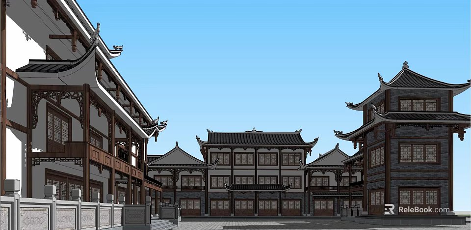 Traditional Chinese Ancient Architecture Complex with Classic Roofs Overhanging Eaves and Courtyard Design 3d model 