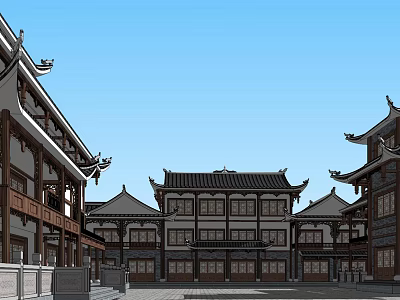 Traditional Chinese Ancient Architecture Complex with Classic Roofs Overhanging Eaves and Courtyard Design 3d model