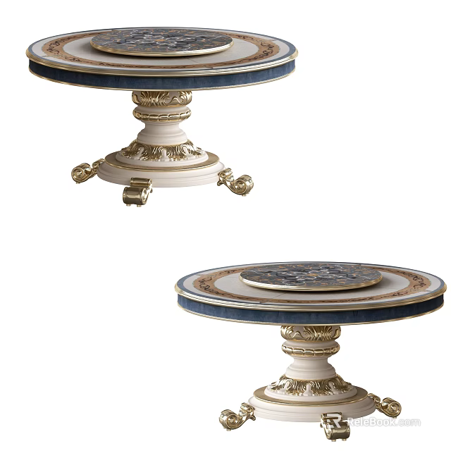 Classic Round White Dining Table With Carved Base And Blue Trim 3d model