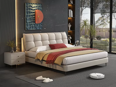 Modern Bedroom Interior with White Upholstered Bed Red Pillow Decorative Art Bookshelf Robot Vacuum 3d model