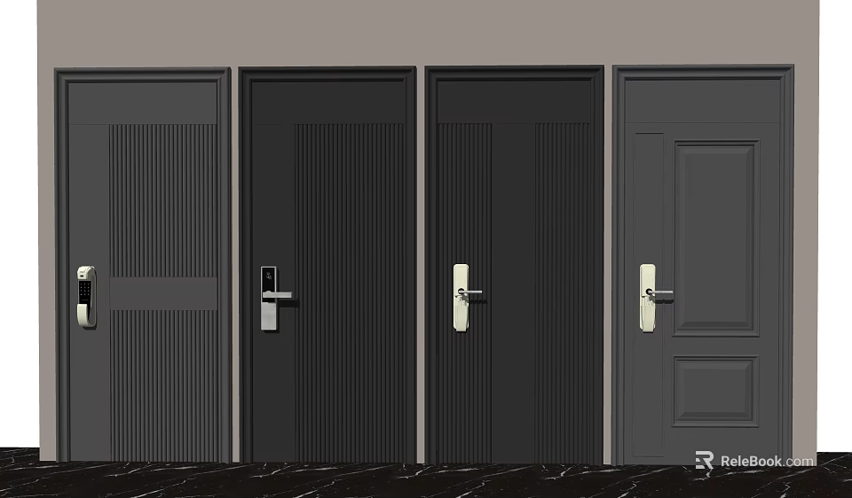 Modern Black and Gray Hinged Doors with Vertical Stripes Paneled Designs Metal Handles 3d model 