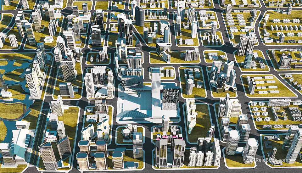 Aerial City Planning With High Rise Buildings Green Spaces And Street Layout 3d model 