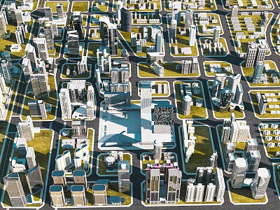 Aerial City Planning With High Rise Buildings Green Spaces And Street Layout 3d model