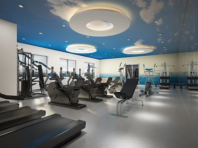 Modern Fitness Gym With Blue Cloud Ceiling Round Lights And Various Exercise Equipment 3d model
